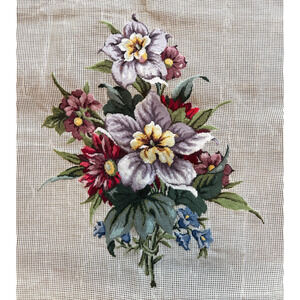Vintage Preworked Decorator Needlepoint Canvas Floral Bouquet Design 12 x 15 MCM